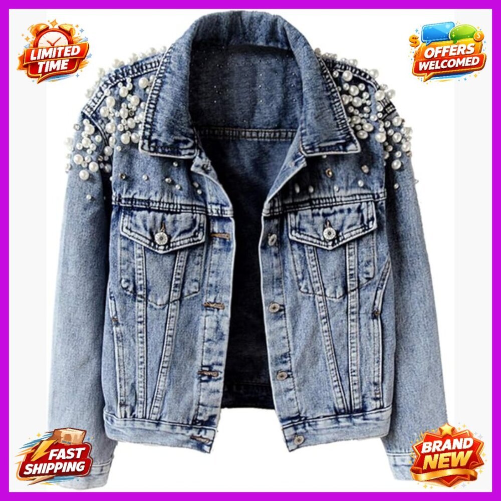 Denim Jacket with Pearl Embroidery Distressed Boyfriend Fit Long Sleeve